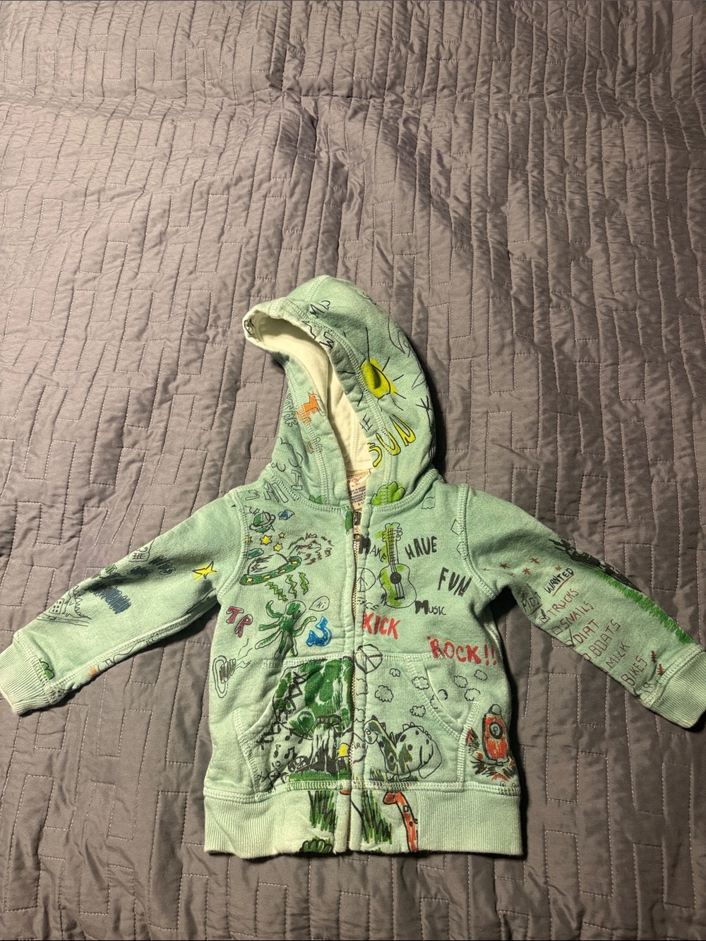 True Religion Kids Mint Green Hooded Zip Sweatshirt with Graphic Doodles